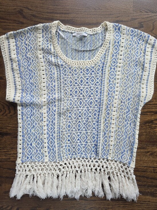Miss Me Tops - Miss Me Boho Geometric Knit Fringe Sweater Vest Top Blue Cream Large